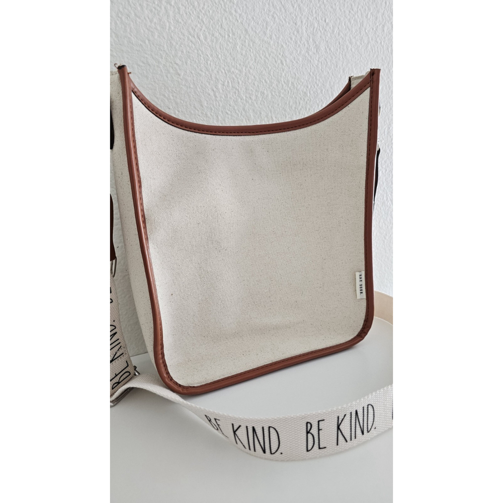 RAE DUNN BE KIND Shoulder Strap Satchel Tan Canvas Brown Leather - Very Clean - Picture 9 of 13